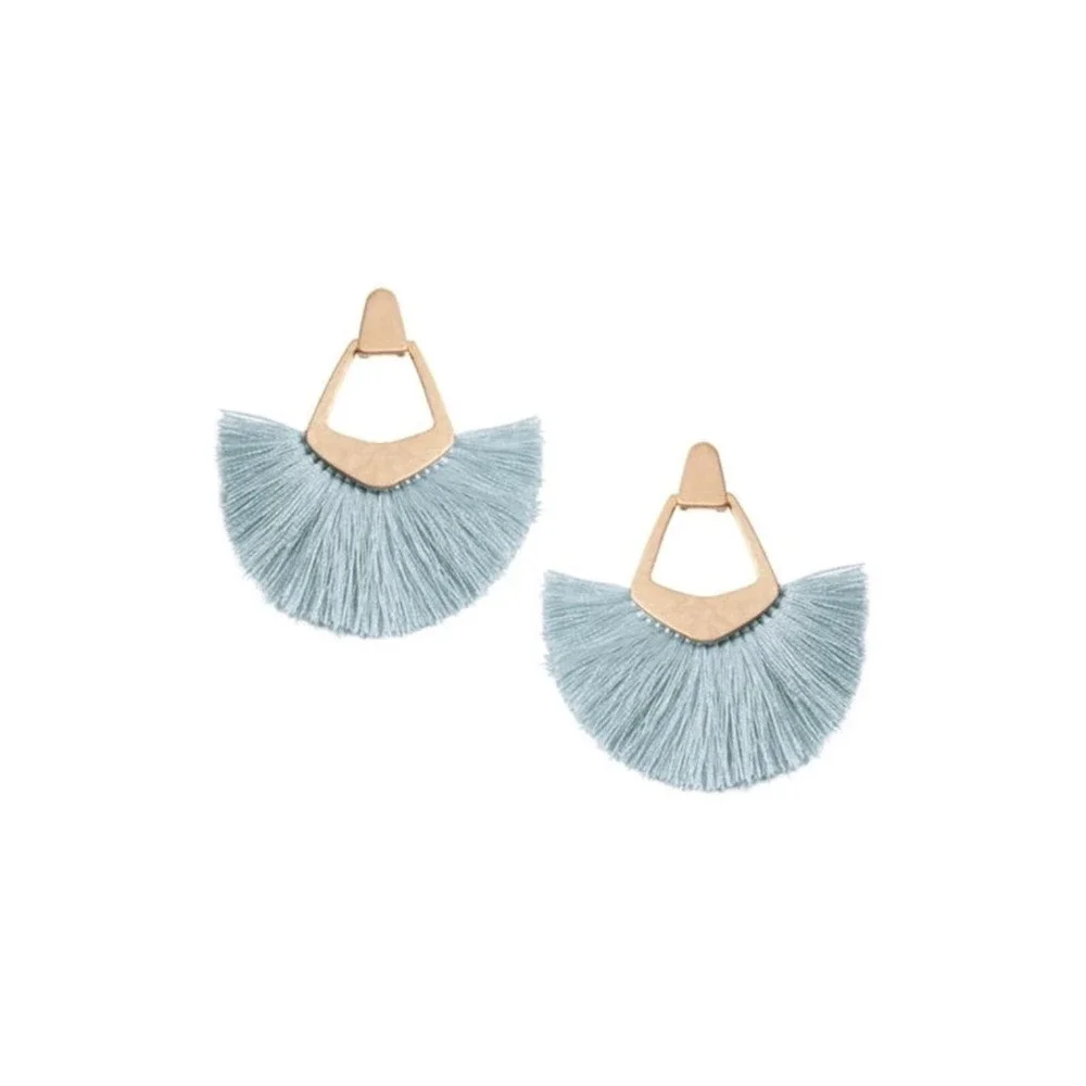 Tassel Fringe Fan Light Blue Gold Statement earrings - Picture 1 of 2